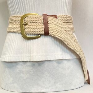 Womens Knitted Belt Large Waist Beige Yarn Bown Faux Leather Ends